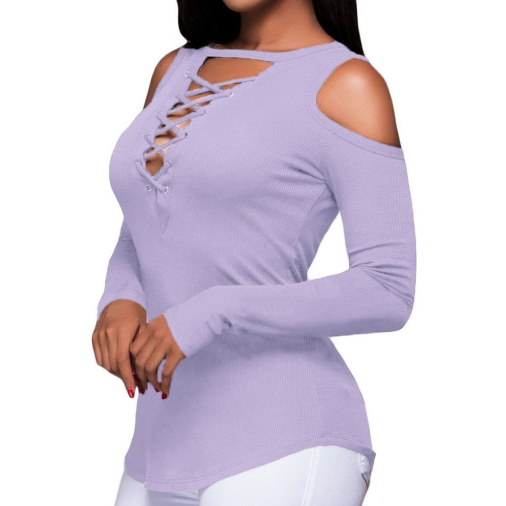 Purple Long Sleeve Cut-out Shoulder Ribbed Top